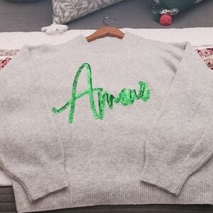 a new day Gray Sweater with Green Amour Script